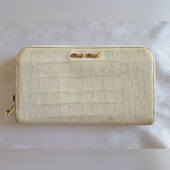 Miu Miu Handbags - Miu Miu Cream Croc-Embossed Wallet